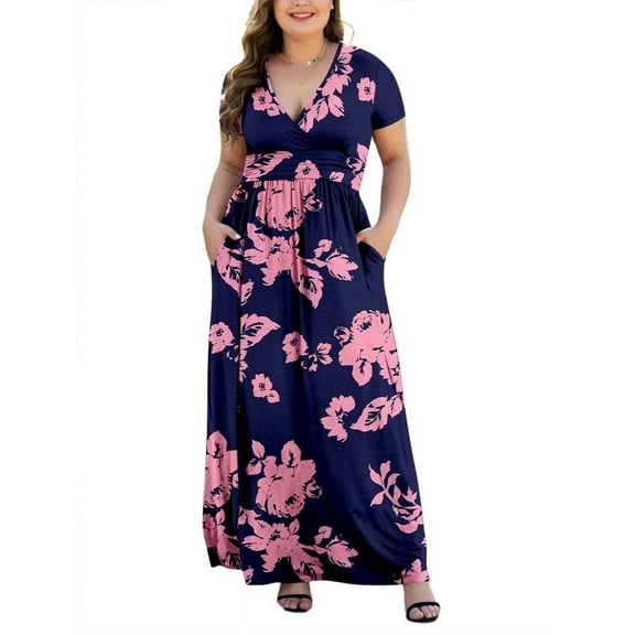 Aiyino Women Plus Size V Neck Short Sleeve Casual Evening Dress, Comfortable Elegant Party Maxi Dress,Flora Pink 3XL