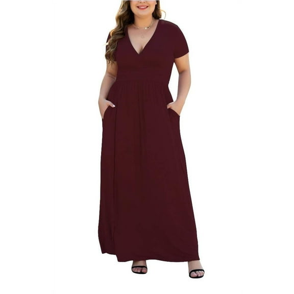 Aiyino Women Plus Size V Neck Short Sleeve Casual Evening Dress, Comfortable Elegant Party Maxi Dress,Wine Red 5XL