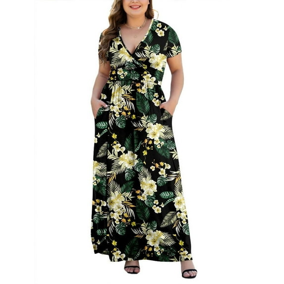 Aiyino Women Plus Size V Neck Short Sleeve Casual Evening Dress, Comfortable Elegant Party Maxi Dress