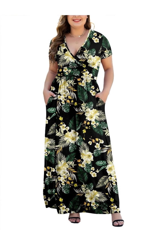 Women Plus Size V Neck Short Sleeve Casual Evening Dress, Comfortable Elegant Party Maxi Dress