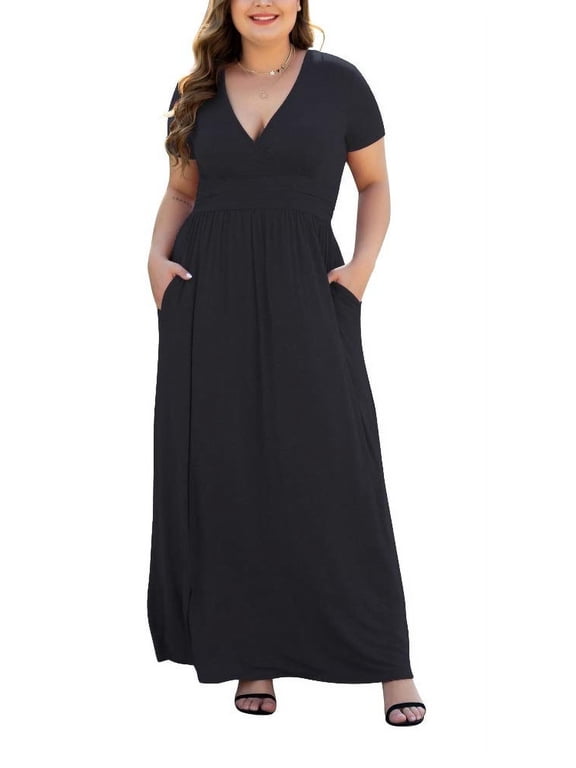 Women Plus Size V Neck Short Sleeve Casual Evening Dress, Comfortable Elegant Party Maxi Dress,Black 4XL
