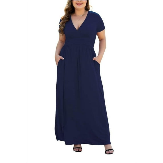Aiyino Women Plus Size V Neck Short Sleeve Casual Evening Dress, Comfortable Elegant Party Maxi Dress,Navy Blue 3XL