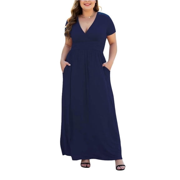 Aiyino Women Plus Size V Neck Short Sleeve Casual Evening Dress, Comfortable Elegant Party Maxi Dress,Navy Blue 4XL