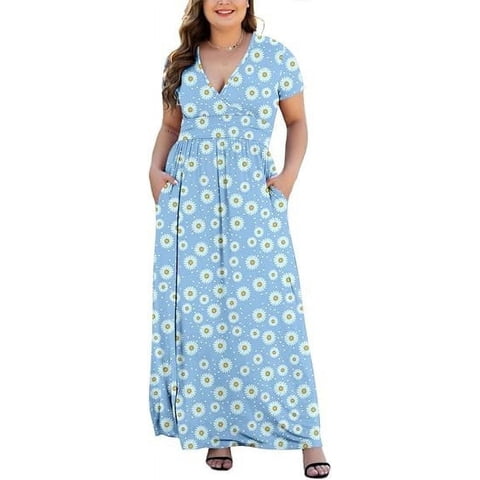 Women Plus Size V Neck Short Sleeve Casual Evening Dress, Elegant Party Knit Maxi Dress