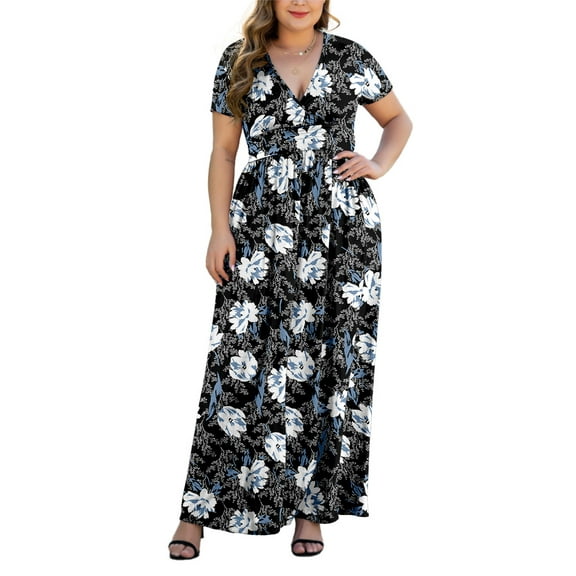 Aiyino Women Plus Size V Neck Short Sleeve Casual Evening Dress, Elegant Party Knit Maxi Dress