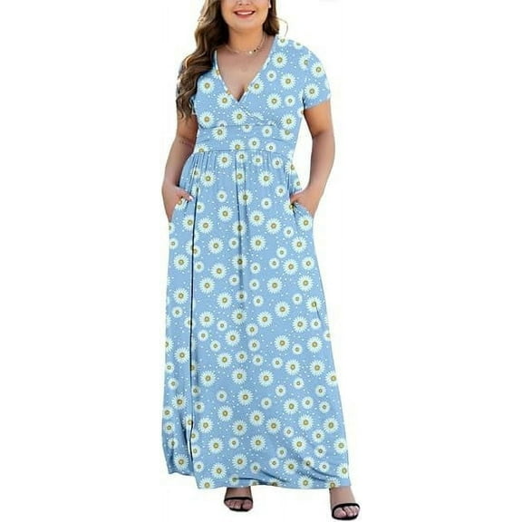 Aiyino Women Plus Size V Neck Short Sleeve Casual Evening Dress, Elegant Party Knit Maxi Dress