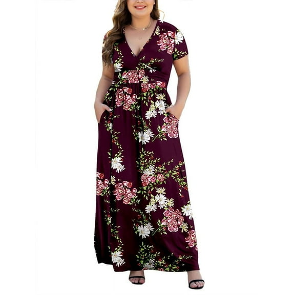 Aiyino Women Plus Size V Neck Short Sleeve Casual Evening Dress, Elegant Party Knit Maxi Dress