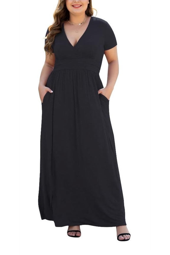 Women Plus Size V Neck Short Sleeve Casual Evening Dress, Elegant Party Knit Maxi Dress,Black XL