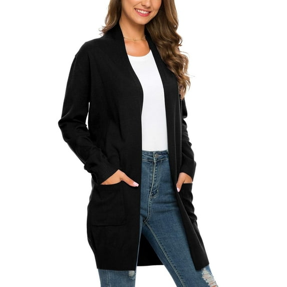 Aiyino Women Solid Sweater Open Front Long Sleeve Knit Cardigan Casual Sweaters with Pockets,Black M