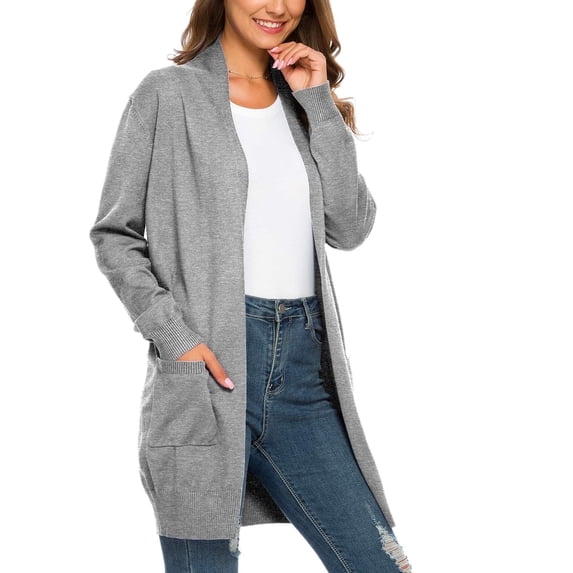 Aiyino Women Solid Sweater Open Front Long Sleeve Knit Cardigan Casual Sweaters with Pockets,Grey 2XL