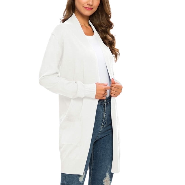 Aiyino Women Solid Sweater Open Front Long Sleeve Knit Cardigan Casual Sweaters with Pockets,White M
