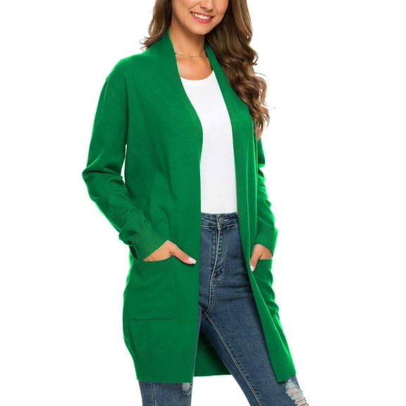 Aiyino Women Solid Sweater Open Front Long Sleeve Knit Cardigan Casual Sweaters with Pockets,Green L