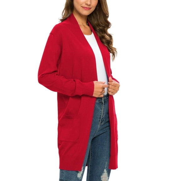 Aiyino Women Solid Sweater Open Front Long Sleeve Knit Cardigan Casual Sweaters with Pockets,Red S