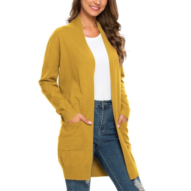 Aiyino Women Solid Sweater Open Front Long Sleeve Knit Cardigan Casual Sweaters with Pockets,Yellow S