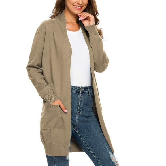 Aiyino Women Solid Sweater Open Front Long Sleeve Knit Cardigan Casual Sweaters with Pockets,Camel XL