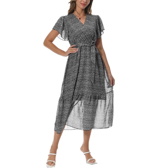 Aiyino Women Summer Bohemian Floral Casual Wrap V Neck Ruffle Cap Sleeveless Belt A-Line Pleated Hem Swing Midi Sun Dress,Black