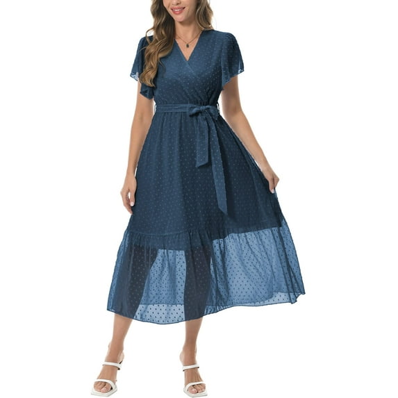 Aiyino Women Summer Bohemian Floral Casual Wrap V Neck Ruffle Cap Sleeveless Belt A-Line Pleated Hem Swing Midi Sun Dress,Dot Lake Blue