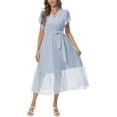 thumbnail image 1 of Aiyino Women Summer Bohemian Floral Casual Wrap V Neck Ruffle Cap Sleeveless Belt A-Line Pleated Hem Swing Midi Sun Dress，Dot Light Blue, 1 of 9