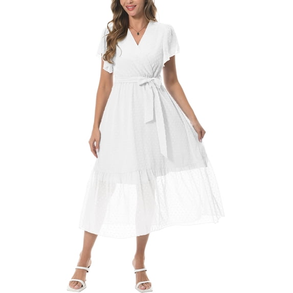 Aiyino Women Summer Bohemian Floral Casual Wrap V Neck Ruffle Cap Sleeveless Belt A-Line Pleated Hem Swing Midi Sun Dress,Dot White