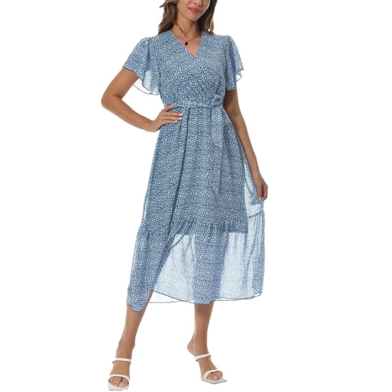 Aiyino Women Summer Bohemian Floral Casual Wrap V Neck Ruffle Cap Sleeveless Belt A-Line Pleated Hem Swing Midi Sun Dress,Light Blue