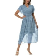 AIYINO Women Summer Bohemian Floral Casual Wrap V Neck Ruffle Cap Sleeveless Belt A-Line Pleated Hem Swing Midi Sun Dress，Black