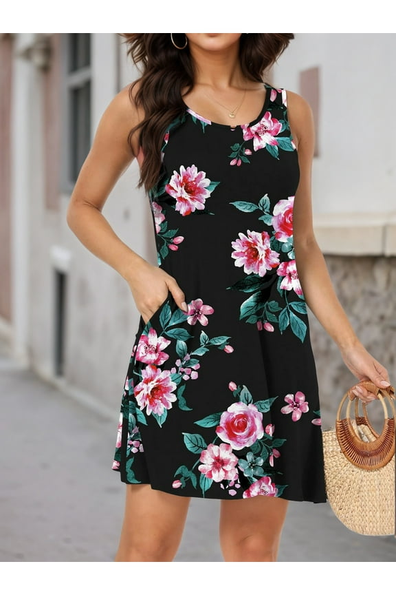 Women Summer Dresses Casual Swing Vest Sleeveless Beach Loose Dresses,Flower Black S
