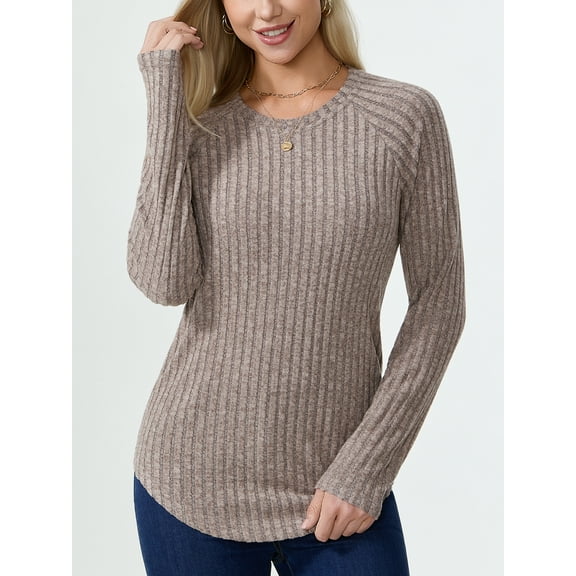 Aiyino Blouses for Women Long Sleeve Crew Neck Tunic Tops Fall Shirts Sweaters Pullover,Coffee XL