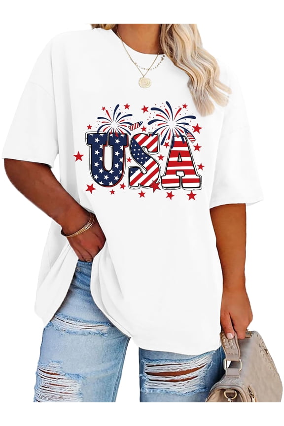 Women's USA Fireworks Patriotic T-Shirt,100% Cotton 4th of July Graphic Tee, Short Sleeve Casual American Shirt Plus Size