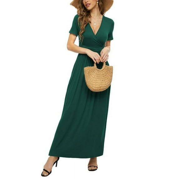 Aiyino Women's Casual Short Sleeve Deep V Maxi Dress Loose Long Dresses with Pockets,XL Dark Green