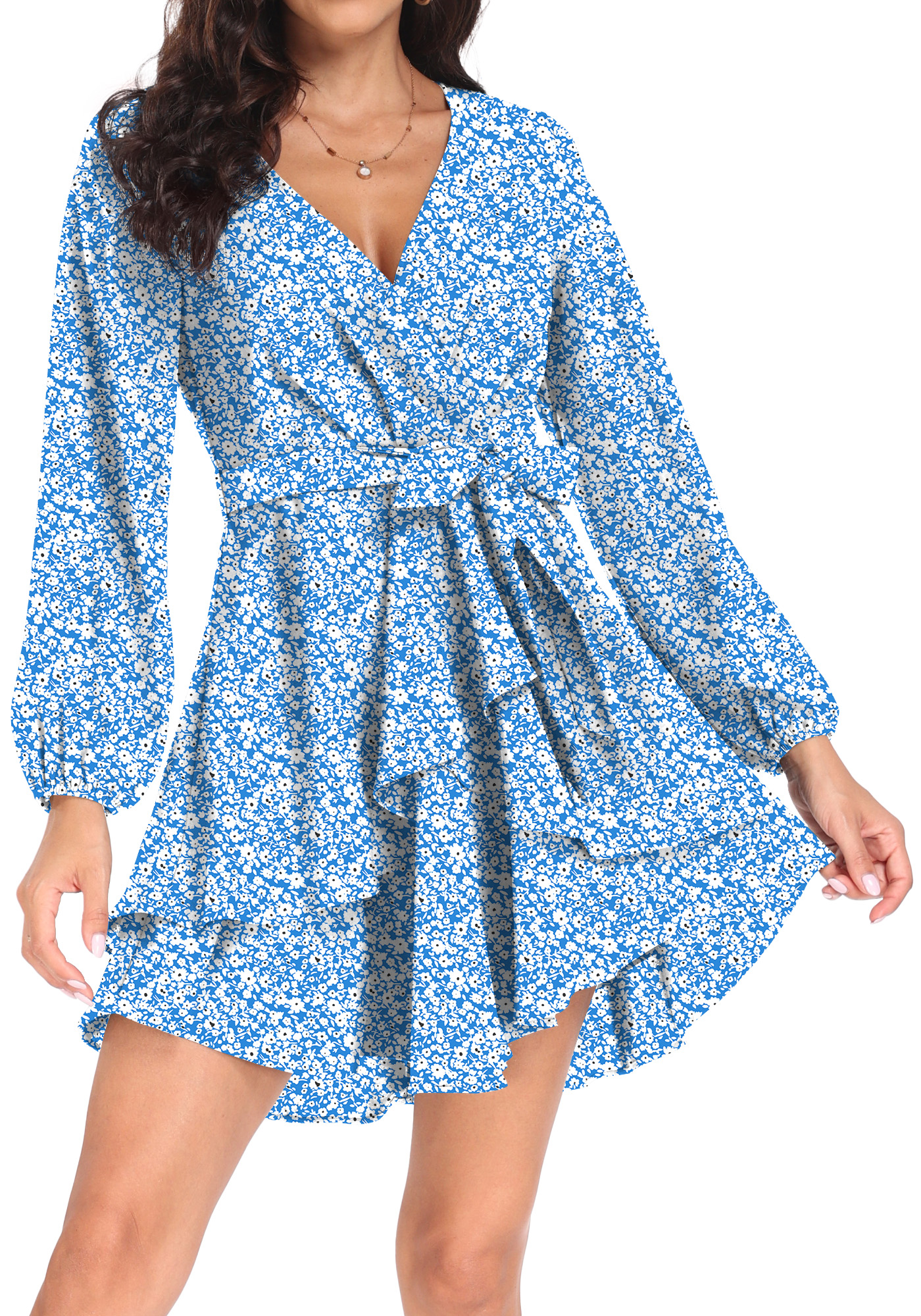 Blue Hawaiian Puff Sleeve Long Dress – White Ruffle Trim, 100% Cotton
