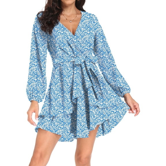 Aiyino Women's Dress Deep V-Neck Long Sleeve Waist Tie Ruffle Mini Swing Skater Dresses,Floral Blue