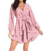 AIYINO Women's Dress Deep V-Neck Long Sleeve Waist Tie Ruffle Mini Swing Skater Dresses,Floral Pink