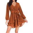 thumbnail image 1 of Aiyino Women's Dress Deep V-Neck Long Sleeve Waist Tie Ruffle Mini Swing Skater Dresses,Navy, 1 of 7