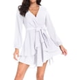 thumbnail image 1 of Aiyino Women's Dress Deep V-Neck Long Sleeve Waist Tie Ruffle Mini Swing Skater Dresses,White, 1 of 7