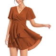 thumbnail image 1 of Aiyino Women's Dress Deep V-Neck Short Sleeve Waist Tie Ruffle Mini Swing Skater Dresses,Brown, 1 of 9