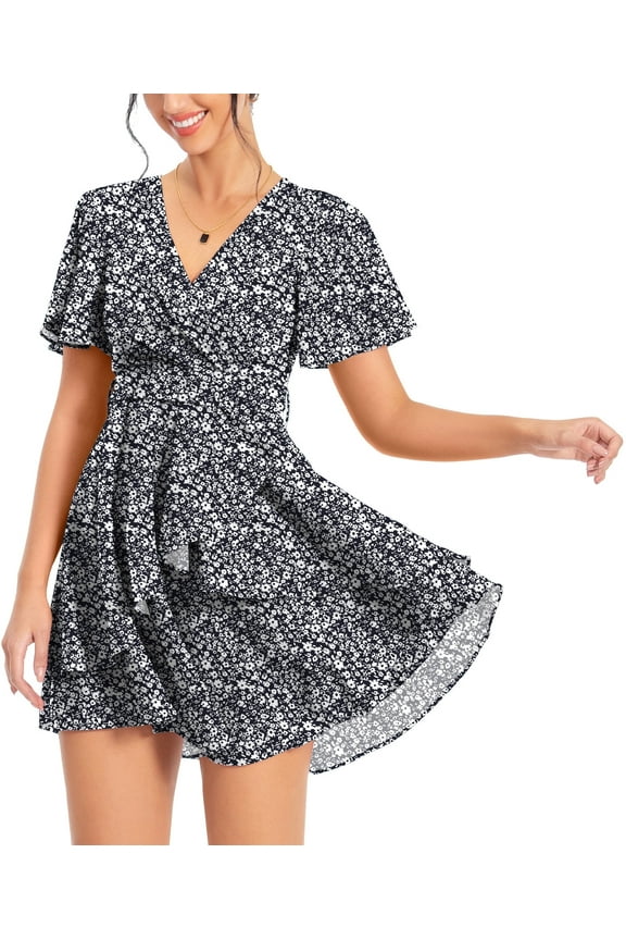 Women's Dress Deep V-Neck Short Sleeve Waist Tie Ruffle Mini Swing Skater Dresses,Floral Black