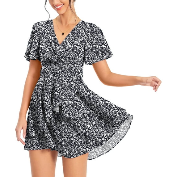 Aiyino Women's Dress Deep V-Neck Short Sleeve Waist Tie Ruffle Mini Swing Skater Dresses,Floral Black