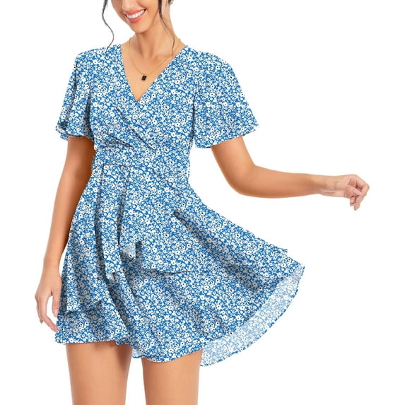 Aiyino Women's Dress Deep V-Neck Short Sleeve Waist Tie Ruffle Mini Swing Skater Dresses,Floral Blue