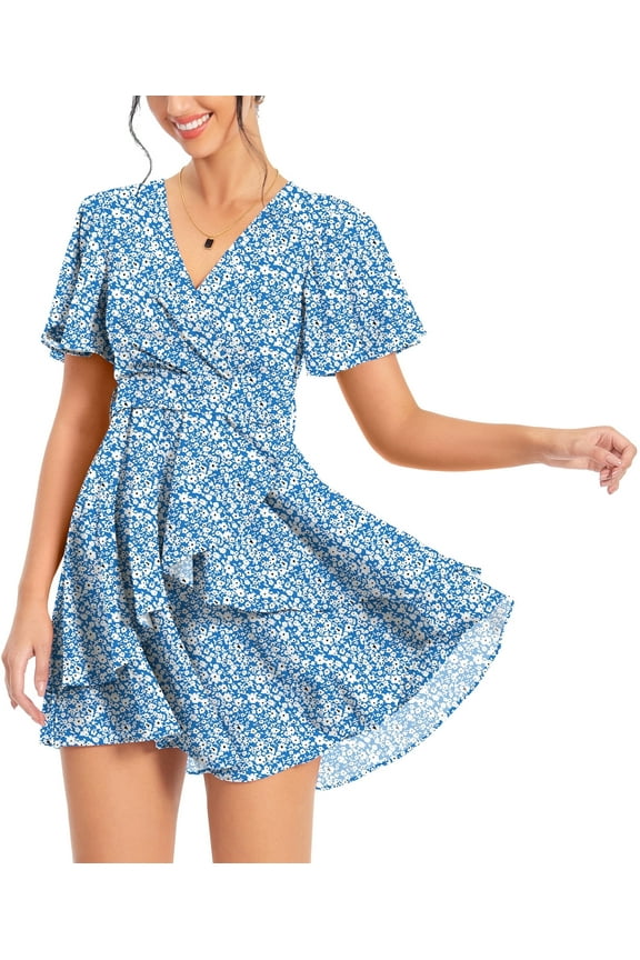 Women's Dress Deep V-Neck Short Sleeve Waist Tie Ruffle Mini Swing Skater Dresses,Floral Blue