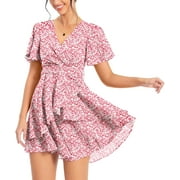 Aiyino Women's Dress Deep V-Neck Short Sleeve Waist Tie Ruffle Mini Swing Skater Dresses,Floral Pink