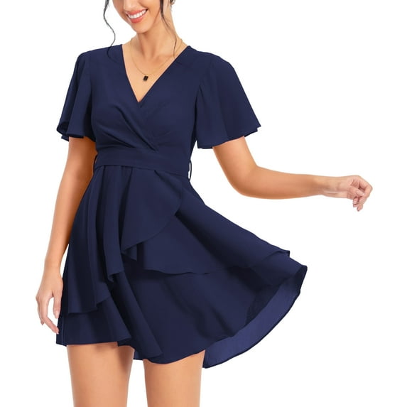 Aiyino Women's Dress Deep V-Neck Short Sleeve Waist Tie Ruffle Mini Swing Skater Dresses,Navy