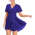 thumbnail image 1 of Aiyino Women's Dress Deep V-Neck Short Sleeve Waist Tie Ruffle Mini Swing Skater Dresses,Royal Blue, 1 of 9