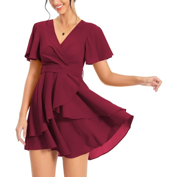 Aiyino Women's Dress Deep V-Neck Short Sleeve Waist Tie Ruffle Mini Swing Skater Dresses,Wine Red