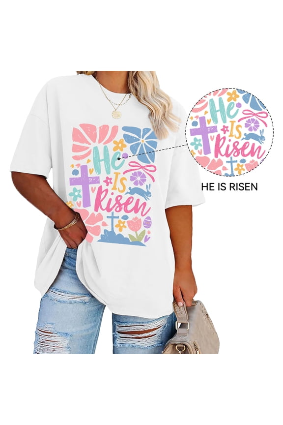 Easter Shirts for Women Oversized 100% Cotton "He Is Risen" Religious Cross Bunny Floral Graphic Tee Casual Spring Summer Tops
