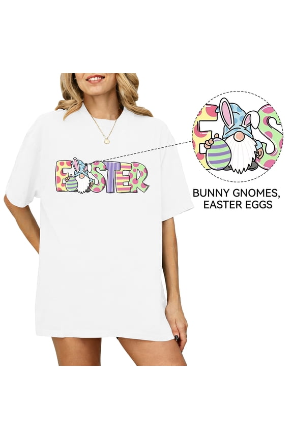 Easter T Shirts for Women Oversized 100% Cotton Cute Gnome Bunny Eggs Graphic Tee Casual Spring Summer Tops