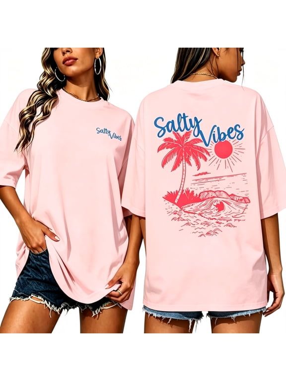 Women 100% Cotton Oversized T-Shirt Plus Size Palm Tree Ocean Soul Beach Graphic Tee Loose Hawaian Summer Tops Pink M