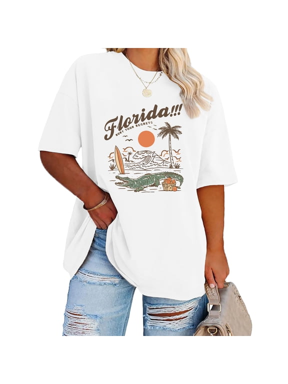 Women's 100% Cotton Oversized T-Shirt Plus Size Florida Beach Crocodile Surf Loose Graphic Tee Summer Vacation Tops M