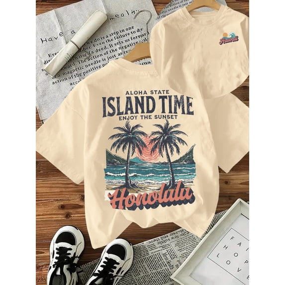 Aiyino Women's Graphic Tee Shirt Hawaiian Aloha Beach Honolulu Island Time Holiday Shirt Spring Summer Tops