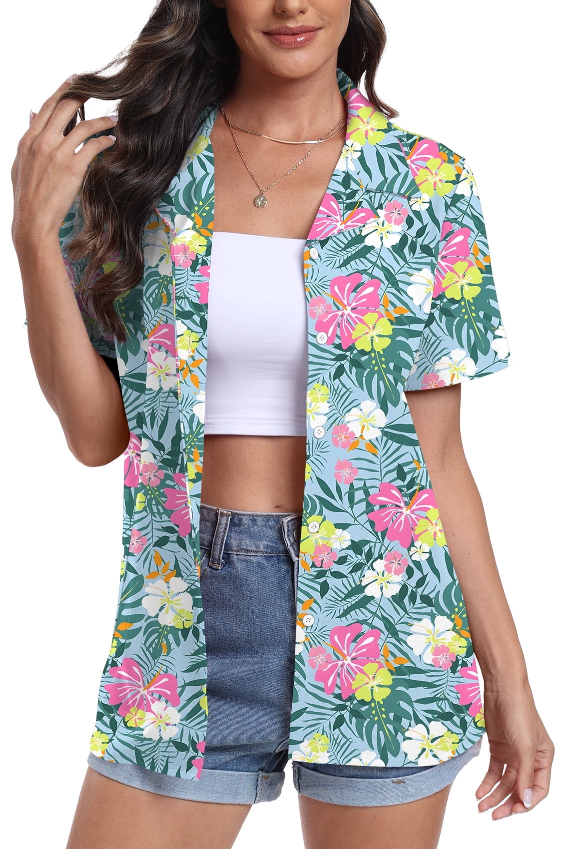 Aiyino Women's Hawaiian Floral Shirts Short Sleeve Button Down Shirts ...