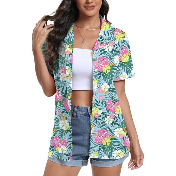Aiyino Women's Hawaiian Floral Shirts Short Sleeve Button Down Shirts Soft Cool Floral Tropical Holiday Beach Shirts V Neck Summer Beach Tops T-Shirt,M White Pink Flower